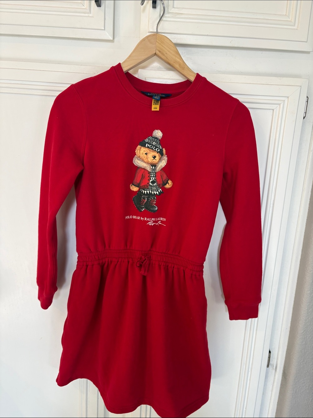 Polo Ralph Lauren Bear Long Sleeve Sweatshirt Dress Girls L 12-14 Red Fleece